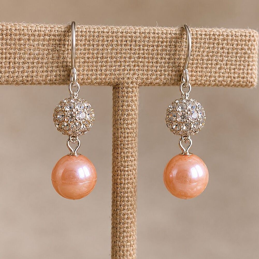 Sunset Peach Faux Pearl Drop Earrings, Pavé Rhinestone Silver Tone